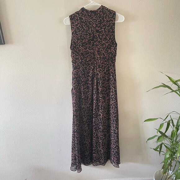 Nicholas Floral Print Silk Midi Dress Womens 4 Black Sleeveless Splits Cocktail - Picture 3 of 12